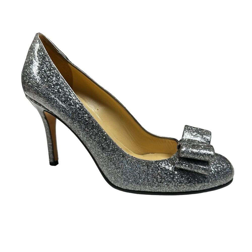Kate Spade Krysta Glitter Pumps Womens 10 Silver Gray Bow Sparkle Heels